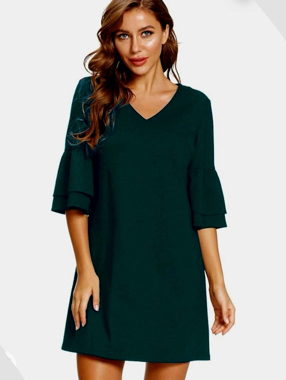 Women's Emerald Green V-Neck Bell Sleeve Shift Elegant Dress Size XL